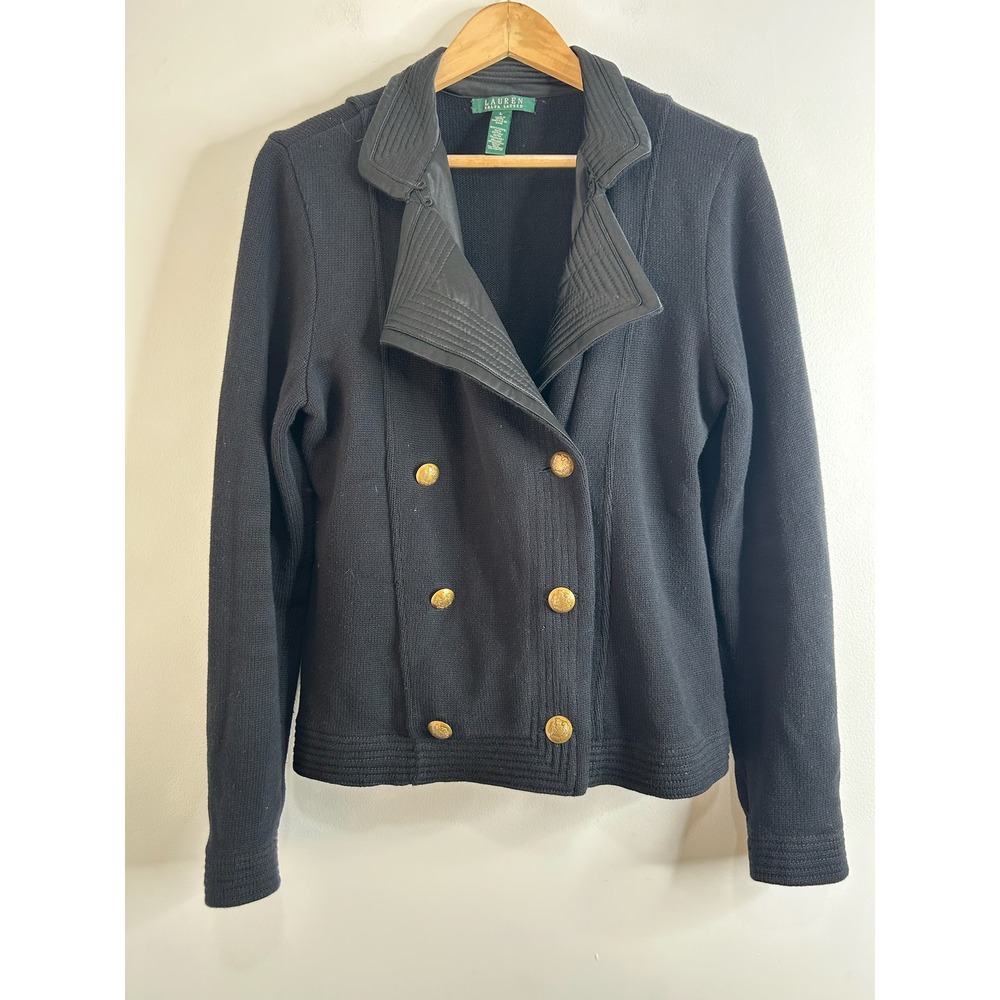 Ralph Lauren Black Double Breasted Sweater Knit Blazer Jacket Womens L Old Money